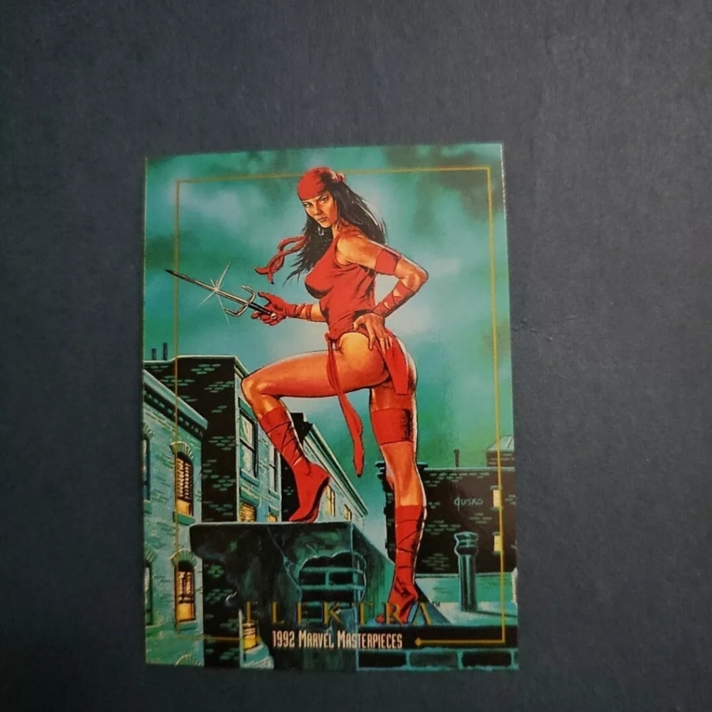 1992 Marvel Masterpiece Elektra error cut trading card.